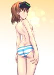  1girl arms_at_sides ass back bangs blush breasts brown_eyes brown_hair closed_mouth cowboy_shot eyebrows eyebrows_visible_through_hair gradient gradient_background head_mounted_display lens_flare looking_away misaka_imouto panties raika9 short_hair small_breasts solo striped striped_panties to_aru_kagaku_no_railgun to_aru_majutsu_no_index topless underwear underwear_only yellow_background 