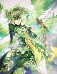  1boy angel armor blonde_hair breastplate circlet clouds dual_wielding expressionless gradient_hair green_eyes green_hair halo male_focus michael_(p&amp;d) multicolored_hair multiple_wings nine-year plant puzzle_&amp;_dragons solo sword two_side_up vines weapon wings 