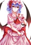  1girl absurdres ascot bat_wings blood bloody_hands blue_hair brooch cowboy_shot frilled_shirt_collar frilled_sleeves frills hat hat_ribbon highres jewelry lifted_by_self looking_at_viewer mob_cap pink_shirt pink_skirt puffy_short_sleeves puffy_sleeves red_eyes red_ribbon remilia_scarlet ribbon sash sheya shirt short_hair short_sleeves skirt skirt_lift skirt_set smile solo touhou white_background wings wrist_cuffs 