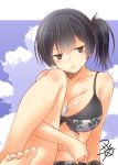  1girl artist_name bikini black_eyes black_hair blush breasts cleavage clouds dog_tags expressionless kaga_(kantai_collection) kantai_collection looking_at_viewer navel side_ponytail sky solo swimsuit tagme yua_(checkmate) 