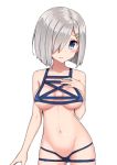  1girl azu_(azusayumix) blue_eyes blush breasts collarbone commentary_request cowboy_shot hair_ornament hair_over_one_eye hairclip hamakaze_(kantai_collection) hand_on_own_chest jpeg_artifacts kantai_collection looking_at_viewer medium_breasts navel nontraditional_school_swimsuit school_swimsuit short_hair silver_hair simple_background solo swimsuit tareme wavy_mouth white_background 