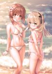  2girls amakusa_tobari ass bikini blonde_hair breasts brown_eyes brown_hair cleavage flower girls_und_panzer hair_flower hair_ornament hairband long_hair multiple_girls nishizumi_miho ocean shimada_arisu short_hair standing swimsuit waves 