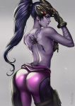  1girl ass back back_tattoo black_gloves covering covering_breasts dandon_fuga from_behind gloves looking_at_viewer looking_back overwatch ponytail purple_hair purple_skin solo tattoo topless visor widowmaker_(overwatch) yellow_eyes 