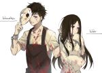  1boy 1girl apron bags_under_eyes bangs black_hair black_sclera blood blood_on_arm blood_on_face bloody_clothes breasts chain character_name collarbone cuffs dripping ekira_nieto hockey_mask holding_another&#039;s_hair holding_mask ichiko_(osomatsu-san) long_hair long_sleeves looking_at_viewer mask matsuno_ichimatsu nightgown no_pupils one_eye_covered osomatsu-kun osomatsu-san shackles shirt short_sleeves simple_background sleeves_past_wrists small_breasts torn_clothes torn_shirt upper_body very_long_hair violet_eyes white_background wide_sleeves 