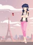 1girl artist_name blue_eyes blue_hair building city earrings eiffel_tower female flats full_body highres jacket jewelry k1216 marinette_dupain-cheng miraculous_ladybug nail_polish petals signature skyscraper sleeves_rolled_up smile tikki twintails white_nails 