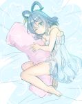  1girl bare_shoulders barefoot blue_hair body_pillow kaku_seiga lingerie looking_at_viewer lying makuwauri negligee on_side one_eye_closed pillow pillow_hug solo spaghetti_strap touhou underwear 