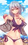  1girl alternate_costume bare_shoulders beach bikini blouse breasts cleavage clothes_down collarbone front-tie_top highres kishin_sagume lips looking_at_viewer medium_breasts navel no_wings ocean open_blouse open_clothes outdoors ponytail purple_bikini renka_(sutegoma25) serious shiny shiny_skin side-tie_bikini silver_hair solo swimsuit thighs touhou wings 