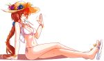  1girl aduare_mi bikini bracelet braid breasts cleavage crossed_legs crusaders_quest flip-flops hair_tie hat jewelry long_hair looking_at_viewer necklace orange_hair popsicle ribbon sandals side-tie_bikini simple_background sitting sitting_on_ground solo swimsuit white_background 