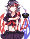  2girls alternate_costume arms_up black_hair black_nails black_serafuku black_skirt blue_skirt bowl collarbone gloves grin highres horns kijin_seija kill_la_kill looking_at_viewer mankanshoku_mako mankanshoku_mako_(cosplay) matoi_ryuuko matoi_ryuuko_(cosplay) midriff minigirl miniskirt multicolored_hair multiple_girls nail_polish navel neckerchief pleated_skirt pose purple_hair red_eyes red_gloves redhead revealing_clothes school_uniform scissor_blade senketsu serafuku sheya short_hair short_sleeves single_glove skirt smile streaked_hair sukuna_shinmyoumaru suspenders touhou violet_eyes white_background white_hair 