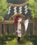  1girl alto168 brown_hair butterfly_net female fence from_behind grass hand_net high_ponytail highres kodama_fumika long_hair looking_back outdoors picket_fence rope shimenawa solo tree wooden_fence youkai_watch 