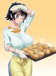  1girl aoi_chiharu apron beyblade beyblade:_burst black_hair bread breasts food large_breasts mittens one_eye_closed tray violet_eyes waist_apron wanao wiping_sweat 