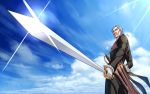  1boy beard butler dousunnen facial_hair gloves highres male_focus mustache re:zero_kara_hajimeru_isekai_seikatsu short_ponytail solo sword weapon white_hair wilhelm_(re:zero) 