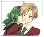  2girls androgynous bishoujo_senshi_sailor_moon blonde_hair blue_eyes blush cheek_kiss closed_eyes green_hair kaiou_michiru kiss knt_ammy multiple_girls one_eye_closed short_hair smile ten&#039;ou_haruka yuri 