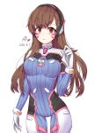  1girl 2016 albinoraccoon armor artist_name bangs bodysuit bracer breasts brown_eyes brown_hair closed_mouth cowboy_shot d.va_(overwatch) dated eyebrows eyebrows_visible_through_hair facepaint facial_mark gloves hand_up headphones high_collar highres long_hair looking_at_viewer medium_breasts overwatch pauldrons pilot_suit ribbed_bodysuit shoulder_pads simple_background skin_tight solo thigh_strap turtleneck whisker_markings white_background white_gloves 