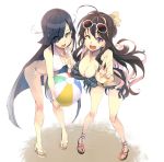  2girls :d :o ahoge ball beachball bikini black_hair bow bracelet breasts cleavage commentary_request double_v eyes_visible_through_hair frilled_bikini frills full_body hair_bow hair_over_one_eye hayashimo_(kantai_collection) hidori_(hibi_toridori) jewelry kantai_collection large_breasts leaning_forward multicolored_hair multiple_girls naganami_(kantai_collection) one_eye_closed open_mouth pigeon-toed pink_hair side-tie_bikini smile standing sunglasses sunglasses_on_head swimsuit two-tone_hair v violet_eyes white_background yellow_eyes 