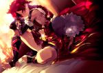  1boy alexander_(fate/grand_order) bed_sheet blush braid cape earrings fate/grand_order fate_(series) jewelry male_focus muscle nipples red_eyes redhead sitting smile solo ze_(sawakihein) 