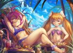  2girls :3 =_= ahoge armpits arms_behind_head arms_up bangle bird blonde_hair blue_swimsuit blush_stickers bracelet brave_frontier chair clothesline clouds collarbone crossed_legs drink food fruit glass goggles goggles_on_head grapes green_hair grin hair_ornament hands_on_hips jewelry jitome long_hair looking_at_viewer multiple_girls navel outdoors palm_tree pink_eyes purple_hair purple_swimsuit sae_(brave_frontier) short_hair sitting sky smile standing swimsuit tank_top themis tree twintails violet_eyes watermelon yilx 
