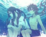  2boys alexander_(fate/grand_order) black_hair fate/grand_order fate_(series) hair_down long_hair looking_at_viewer lord_el-melloi_ii male_focus male_swimwear multiple_boys nomoc ponytail shirtless smile swim_trunks swimwear twitter_username underwater waver_velvet 