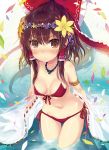  &gt;:/ 1girl armlet bangs bikini blush bow breasts brown_hair closed_mouth coin_(ornament) confetti detached_sleeves eyebrows eyebrows_visible_through_hair flower front-tie_bikini front-tie_top hair_between_eyes hair_bow hair_flower hair_ornament hair_tubes hakurei_reimu half_updo head_wreath highres hojo_tansama jewelry long_hair looking_at_viewer magatama medium_breasts navel necklace pout red_bikini shiny shiny_skin side-tie_bikini sidelocks solo standing stomach string_bikini swimsuit thigh_gap touhou very_long_hair wading water yellow_flower 