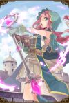  1girl armpits artist_request belt blue_eyes book boots braid buttons castle cloak clouds dress frills gem gloves glowing grand_sphere highres holding holding_book holding_weapon hood long_hair official_art open_mouth pink_hair short_dress sleeveless solo staff tower weapon 