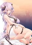 1girl anklet ass bare_arms barefoot bed_sheet bikini blue_eyes braid breasts butterfly_earrings doraf double_bun earrings frilled_bikini frills granblue_fantasy hair_ornament hair_over_one_eye hairclip hand_on_own_thigh holding holding_sword holding_weapon horns jewelry kirishima_satoshi large_breasts lavender_hair long_hair looking_at_viewer low-tied_long_hair narumeia_(granblue_fantasy) on_bed one_eye_covered pointy_ears side-tie_bikini sitting skindentation smile soles solo swimsuit sword thigh_strap translation_request unsheathed weapon white_bikini yokozuwari 