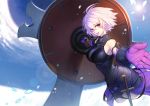  1girl armor azusa_(hws) breasts fate/grand_order fate_(series) hair_over_one_eye purple_hair reaching_out shield shielder_(fate/grand_order) short_hair solo violet_eyes 
