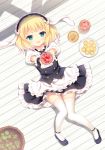  1girl animal_ears apron aqua_eyes bangs black_shoes black_skirt blonde_hair blunt_bangs blush commentary_request cookie cup drinking_glass fleur_de_lapin_uniform food frills from_above glass gochuumon_wa_usagi_desu_ka? hairband holding kirima_sharo looking_at_viewer lying on_back open_mouth outstretched_arms plate puffy_short_sleeves puffy_sleeves rabbit_ears shoes short_hair short_sleeves skirt smile solo suzu_(kosakabe) sweets thigh-highs waitress white_legwear wrist_cuffs 