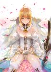  1girl ahoge astarone bare_shoulders belt blonde_hair bodysuit breasts center_opening chain cleavage commentary_request detached_sleeves fate/stay_night fate_(series) flower garter_straps gloves green_eyes lock padlock saber saber_bride saber_extra sitting smile solo veil white_legwear zipper 