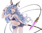  1girl :d animal_ears arm_up ass_visible_through_thighs bare_shoulders bikini blue_hair bracelet breasts brown_eyes choker cowboy_shot earrings ferry_(granblue_fantasy) granblue_fantasy jewelry leaning_forward long_hair navel open_mouth redjuice simple_background small_breasts smile solo swimsuit whip white_background 