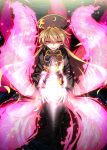  1girl black_dress blonde_hair chima_q chinese_clothes dress energy highres junko_(touhou) long_hair long_sleeves looking_at_viewer outstretched_arms red_eyes ribbon smirk solo tabard tail touhou yellow_ribbon 
