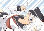  1girl blue_eyes hat hibiki_(kantai_collection) kantai_collection kisaragi_yuu_(re:lucks) looking_at_viewer mouth_hold neckerchief open_mouth popsicle school_uniform serafuku silver_hair skirt solo translation_request upper_body 