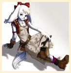  1girl animal_ears boots bow breasts crossed_legs dirty_clothes dog_ears dress eyelashes fay_spaniel fingerless_gloves furry gloves hair_bow hammer loose_socks mechanic ninanai red_bow single_glove sitting small_breasts smile snout socks solo star_fox star_necklace tool_belt tools vest violet_eyes white_hair wrench 