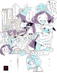  1boy 1girl comic female_protagonist_(pokemon_sm) hat highres hug irima_(doron) male_protagonist_(pokemon_sm) mimikyu_(pokemon) monochrome pokemon pokemon_(creature) pokemon_(game) pokemon_sm popplio shirt smile tied_shirt translation_request 