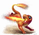  artist_name blue_eyes breathing_fire charmander claws fangs fiery_tail fire full_body looking_to_the_side no_humans open_mouth pokemon pokemon_(creature) pokemon_(game) pokemon_rgby running signature simple_background stone_floor teeth tongue tsitra360 white_background 