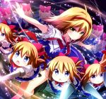  &gt;:( 1girl ahoge alice_margatroid ayase_midori blonde_hair blue_dress blue_eyes bow capelet doll dress hair_bow hairband looking_at_viewer open_mouth outstretched_arms puppet_rings red_bow sash shanghai_doll short_hair touhou yellow_eyes 