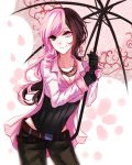  1girl absurdres belt black_gloves breasts brown_eyes brown_hair cleavage collarbone contrapposto cowboy_shot gloves heterochromia highres holding holding_umbrella jewelry leotard long_hair long_sleeves multicolored_hair necklace neo_(rwby) pink_eyes pink_hair rwby sheya smile solo two-tone_hair umbrella 