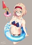  1girl alice_margatroid barefoot bespectacled bikini blonde_hair blue_bikini blue_eyes bow breasts cleavage collarbone covered_navel dated doll_joints full_body glasses hair_bow hairband highres innertube looking_at_viewer medium_breasts nabeshima_tetsuhiro navel one-piece_swimsuit popsicle red_bow school_swimsuit semi-rimless_glasses shanghai_doll short_hair simple_background solo sparkle swimsuit touhou twitter_username under-rim_glasses watermelon_bar 