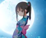  1girl bangs black_hair brown_eyes commentary_request floral_print full_moon hair_ornament japanese_clothes kimono long_hair looking_at_viewer moon night night_sky open_mouth original outdoors ponytail ragho_no_erika sash sky smile solo yukata 