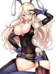  +_+ 1girl animal_ears black_legwear black_swimsuit blonde_hair blue_eyes breasts elbow_gloves garter_straps gloves iowa_(kantai_collection) kantai_collection large_breasts long_hair looking_at_viewer microskirt rabbit_ears shiny shiny_clothes skirt solo swimsuit thigh-highs untsue 