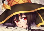  1girl :o artist_name bangs black_hair close-up colored_eyelashes dr.beeeee eyelashes face hair_between_eyes hat kono_subarashii_sekai_ni_shukufuku_wo! looking_at_viewer megumin on_ground parted_lips pavement red_eyes revision short_hair solo tassel witch_hat 