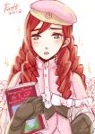  1boy artist_name beret black_eyes blush book drill_hair faithoala fire_emblem fire_emblem_if flower foleo_(fire_emblem_if) gloves hat highres long_hair open_mouth otoko_no_ko redhead simple_background solo sparkle upper_body white_background 