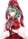  1girl absurdres arm_ribbon backlighting bow buttons dress frills from_side front_ponytail green_eyes green_hair hair_bow hair_ribbon highres kagiyama_hina profile puffy_short_sleeves puffy_sleeves red_bow red_dress red_ribbon ribbon sheya short_sleeves solo touhou upper_body white_background 