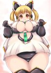  1girl animal_ears big_belly blush breasts cat_ears cleavage cosplay elbow_gloves fat frown gene_(pso2) gene_(pso2)_(cosplay) gloves headphones highres kurokaze_no_sora large_breasts looking_at_viewer mechanical_ears nitroplus nose_blush obese orange_hair paw_pose phantasy_star phantasy_star_online_2 short_hair solo super_pochaco thighs twintails 