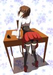  1girl absurdres brown_eyes brown_hair desk floral_background from_behind headgear highres ink_bottle kantai_collection looking_at_viewer parted_lips short_hair solo taihou_(kantai_collection) thigh-highs tt-sh 
