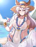  1girl alternate_breast_size animal_ears beach braid breasts brown_eyes cat_ears cherry cleavage cocktail_glass cup drinking_glass erun_(granblue_fantasy) flower food fruit granblue_fantasy hair_between_eyes hair_tubes hat hat_flower heles hibiscus holding long_hair one-piece_swimsuit sekitaku silver_hair single_braid solo sun_hat swimsuit water white_swimsuit 