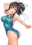  1girl ass asuka_(senran_kagura) breasts brown_hair competition_swimsuit katagiri_(a1466502) long_hair looking_at_viewer medium_breasts one-piece_swimsuit orange_eyes ponytail senran_kagura senran_kagura_(series) simple_background smile solo swimsuit thighs tied_hair white_background 