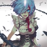  1girl blood blood_on_breasts blood_on_face bloody_clothes blue_eyes breasts chain cleavage glowing glowing_eye hair_over_one_eye horn looking_at_viewer maid maid_headdress open_mouth re:zero_kara_hajimeru_isekai_seikatsu rem_(re:zero) revision shanpao solo spoilers torn_clothes upper_body x_hair_ornament 