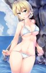  1girl absurdres bikini blonde_hair blue_eyes blush braid breasts darjeeling girls_und_panzer highres navel nksk short_hair smile solo swimsuit tied_hair twin_braids undressing water 