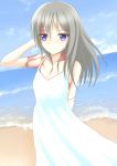  1girl arm_behind_back bare_shoulders beach blue_eyes blue_sky blush burn_scar clouds collarbone dorei_to_no_seikatsu_~teaching_feeling~ dress grey_hair hand_in_hair highres long_hair looking_at_viewer ocean revision robu_(ms08bb) scar sky smile solo sundress sylvie_(dorei_to_no_seikatsu) white_dress 