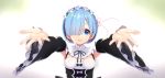  1girl absurdres at-yui black_dress blue_eyes blue_hair blush breasts commentary_request detached_sleeves dress frills hair_ornament hair_over_one_eye hair_ribbon highres looking_at_viewer maid maid_headdress open_mouth outstretched_arms re:zero_kara_hajimeru_isekai_seikatsu rem_(re:zero) ribbon short_hair smile solo x_hair_ornament 